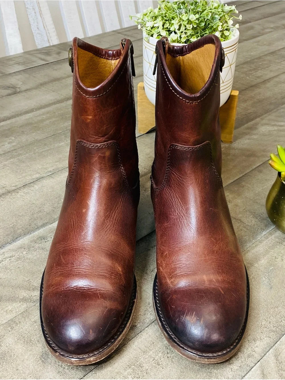 FRYE Melissa Button Short Leather Boots Cognac Brown Ankle Booties Sz 5.5 B
